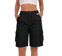 Short cargo long pour femme - Taille élastique - Longueur genou - Uni - Jambe large - Coton léger - Bermuda de travail avec poches pour les vacances, la plage, les voyages - Casaul