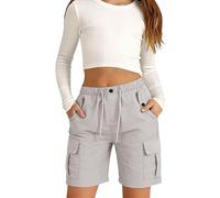 Short cargo pour filles avec taille élastique et cordon de serrage - Bermuda en coton léger - Longueur genou - Short d'uniforme scolaire d'été - Vêtements de sport, Cendré clair, 15-16 ans