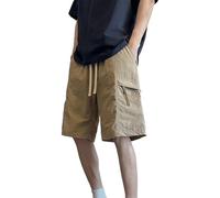 Short cargo pour homme avec poches zippées en coton ample et respirant à jambe large pour sport, entraînement, marche, randonnée, taille élastique avec cordon de serrage pour un usage quotidien, kaki