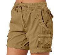 Short cargo taille haute pour femme - Short de travail avec poches - Couleur unie - Cordon de serrage - Taille élastique - Short de sport ample et confortable - Ourlet relevé - Short d'été pour femme,