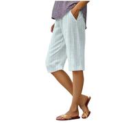 Short court à rayures en coton et lin pour femme - Longueur genou - Bermuda rétro patchwork court - Short de vacances à la mer - Short de pyjama doux - Coupe ample - Short de yoga confortable, bleu