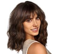 Short Curly Wig with Bangs 14 Inch Natural Looking Adjustable Short Brown Wig, High Temperature Fiber Wave Hair for Daily Use, Cosplay, Theme Parties, Dating Curly