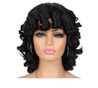 Short Curly Wig with Bangs for Black Women Soft Big Curly Heat Resistant Natural Looking Synthetic Wigs Hair Extensions Pièces Wigs(Black)
