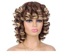 Short Curly Wig with Bangs for Black Women Soft Big Curly Heat Resistant Natural Looking Synthetic Wigs Hair Extensions Pièces Wigs(Brown with blonde)