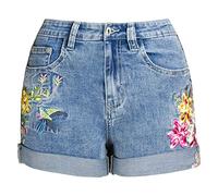 Short dauphin pour femme avec trous d'été - Short en jean irrégulier à pompons - Short taille moyenne - Short à fleurs brodées pour femme - Grande taille 50 W