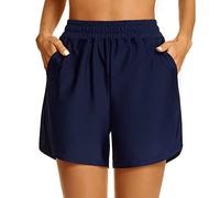 Short de bain avec poches pour femme à séchage rapide - Taille haute - Contrôle du ventre - Short de bain de plage - Protection solaire - Avec protection UV 50 - Short de yoga doux, noir foncé, L