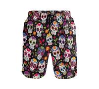 Short de bain élégant et tendance avec poches pour homme, Crânes mexicains en sucre avec fleurs mignonnes, Medium