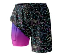 Short de Bain Femme 2-en-1, Bermuda Long Sport, Taille Elastique à Cordon, Superposition, Cuissard Intérieur avec Poche, Imprimé Dinosaure ou Pastèque Fantaisie | Short de Plage, Vacances, Piscine