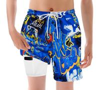 Short de Bain Garcon, Shorts de Bain pour Enfant avec Compression, Maillot de Bain Garçons 2 en 1, Anti Poussière, Anti Sable et Protection Solaire,pour la Plage et Le Vélo, Motif Graffiti Bleu,140