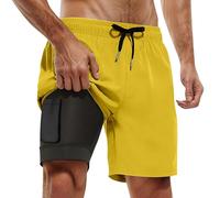Short de Bain Homme 2 en 1, Maillot de Bain Homme Piscine Séchage Rapide avec Doublure de Compression Boxer de Bain Grande Taille Léger Shorts de Plage Natation Surf avec 2 Poches, Jaune 5XL