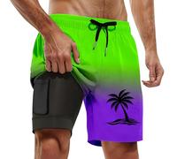 Short De Bain Homme Court avec Compression Liner 2 en 1 Maillot De Bain Homme Taille Élastique Séchage Shorts Surf Dégradé Les Cocotiers Maillot Été pour Sport Vacances Plage Short Hawaïen