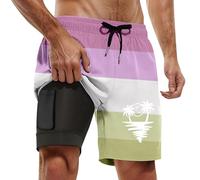 Short De Bain Homme Court avec Doublure Compression 2 en 1 Maillot De Bain Homme Taille Élastique Séchage Shorts Surf Dégradé Les Cocotiers Maillot Été pour Sport Plage Piscine Short Hawaïen