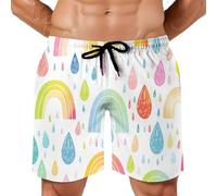 Short de Bain Homme Dessin animé - Séchage Rapide, Imprimé gouttes de pluie arc-en-ciel, Doublure en Maille, Taille Élastique avec Cordon de Serrage Réglable, avec Poches, Idéal pour Plage L