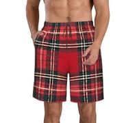 Short de bain pour homme à motif écossais rouge et noir à séchage rapide avec poches doublure, blanc, XX-Large