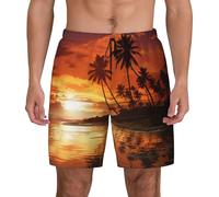 Short de bain pour homme à séchage rapide avec cordon de serrage, motif palmier, coucher de soleil, Noir , L