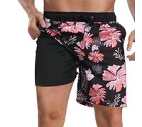 Short de bain pour homme avec doublure de compression 12,7 cm, extensible, poches zippées, planche d'été, Noir , S