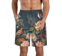 Short de bain pour homme avec motif fleurs et oiseaux à séchage rapide avec poche, blanc, 3XL