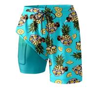 Short de bain pour homme - Élastique - Short de surf - Avec doublure de compression - 2 en 1 - Respirant - Confortable - Imprimé hawaïen - Pour les vacances, les loisirs, O Vert., XXL