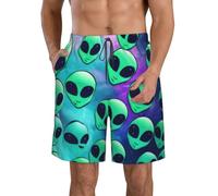 Short de bain pour homme - Motif Aliens verts - Séchage rapide - Décontracté - Avec doublure en maille et poches, 3D, L