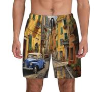 Short de bain respirant pour homme Motif rue italienne Pour la plage, le surf, la gym, la pêche, Noir/blanc, S