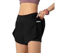 Short de course 2 en 1 pour femme, séchage rapide, short de course avec poche pour téléphone, short d'entraînement athlétique, jogging, gym, yoga avec doublure pour femme, Noir , L