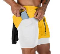 Short de Course 2 en 1 pour Homme Séchage Rapide Shorts de Sport avec Cuissard Compression Intégré Jaune M