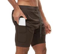 Short de Course 2 en 1 pour Homme Séchage Rapide Shorts de Sport avec Cuissard Compression Intégré Marron Foncé M