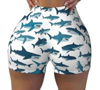 Short de course à pied motif requin avec différents gestes imprimés, essentiels de gym pour femme, parfait pour l'été et les vêtements de fitness, Noir , M