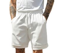 Short de course à pied pour homme avec poche zippée - Jambe large - Léger et respirant - Taille élastique - Cordon de serrage - Demi-pantalon de sport pour l'extérieur, la marche, la randonnée, blanc