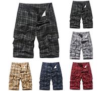 Short de détente pour homme - Short cargo à carreaux - Motif écossais - Décontracté - Demi-pantalon de combat pour la marche et le travail - Avec plusieurs poches à boutons - Coupe ample et