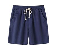 Short de loisirs pour homme - En coton et lin - Avec cordon de serrage - Style rétro, Marine, M