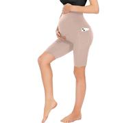 Short de maternité pour femme au-dessus du ventre, short de motard de grossesse, short d'entraînement, de course active, de yoga avec poches, beige, L