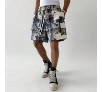 Short de mode de rue pour hommes, short à taille élastique et cordon de serrage, short en tissu tissé, look vintage délavé, combinaison de destruction et de carreaux classiques, haute rue fonctionnell