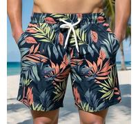 Short de plage décontracté pour hommes avec imprimé végétal, cordon de serrage à la taille et poches. Short de bain à fleurs pour hommes. Short de bain tropical pour hommes. Assortiment de shorts de p