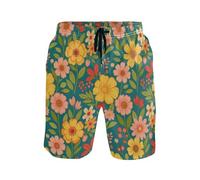 Short de plage pour homme à séchage rapide, léger et respirant lors d'une escapade tropicale pour les voyageurs, Fleurs sauvages bleu sarcelle, orange, jaune, XXL