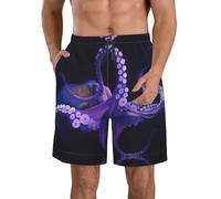 Short de plage violet imprimé pieuvre pour homme - Ceinture élastique tendance pour la planche à pied, les sports nautiques, tenue décontractée, blanc, M