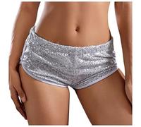 Short de sport à paillettes pour femme - Sexy - Taille basse - Brillant - Mini jupon - Boxer de course - Paillettes - Rave - Pour les fêtes - Clubwear - Costume, argenté, S