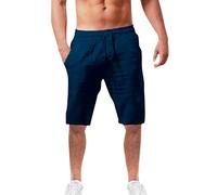 Short de sport court en coton et lin pour homme - Longueur genou - Taille élastique - Lacets avec poches - Respirant - Coupe décontractée - Confortable - Couleur unie - Vacances décontractées, bleu