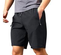 Short de sport court en coton pour homme - Avec poches - Fermeture éclair - Élastique - Réglable - Cordon de serrage - Avec poches - Large short d'extérieur - Imprimé - Short urbain, Noir , L