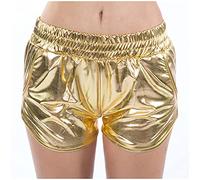 Short de sport court métallique pour femme - Taille élastique - Short de course - Paillettes métallisées brillantes - Look mouillé - Short de sport avec poches - Taille basse - Couleur holographique -