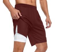 Short de sport décontracté pour homme - Design superposé - Tissu extérieur en maille - Porte-serviettes mains libres pour tous les jours, Bordeaux uni uni, Taille S