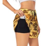 Short de sport double couche pour femme, motif animaux de prairie africaine, respirant et extensible., noir, L court