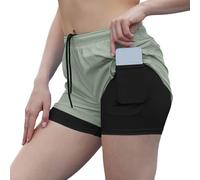 Short de Sport Femme à Double Couche Coupe Fluide avec Intérieur Fixe Léger pour Course et Entraînement (Green-1, L)
