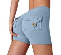 Short de sport pour femme, short de yoga pour femme, short de yoga froncé, fessier, contrôle du ventre, short de cyclisme taille haute avec poches, pantalon court uni, bleu clair, L