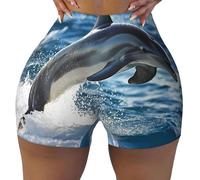 Short de sport tendance pour femme avec motifs de dauphins énergétiques, leggings doux et extensibles, convient pour le yoga, le pilates et le style urbain, Noir , L