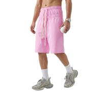 Short de survêtement baggy pour homme en pur coton lavé à l'acide ourlet brut cordon de serrage taille pantalon décontracté vintage, rose, L