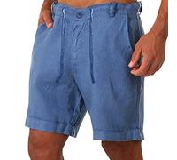Short décontracté en coton et lin pour homme avec cordon de serrage - Short de plage plat sur le devant - Léger - Braguette à boutons - Coupe ajustée - Avec poches, bleu, XXL