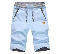 Short décontracté pour homme 100 % coton, coupe ample, respirant, avec deux poches latérales et cordon de serrage réglable, style vacances, plage, marche, escalade, bleu ciel, L