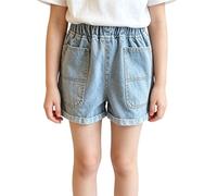 Short Denim Mignon à Taille Elastique Enfant Fille 8-12 Ans Coupe Droite Vintage Ourlet Reversé Multi Poches Style Western Streetwear Idéal Été Plage École Sorties
