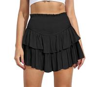 Short d'été 2024 pour femme - Taille haute - Élastique - Plissée - Mini jupe plissée à volants - Imprimé floral - Coupe trapèze - Décontractée - Jupe courte de plage, Noir , XS